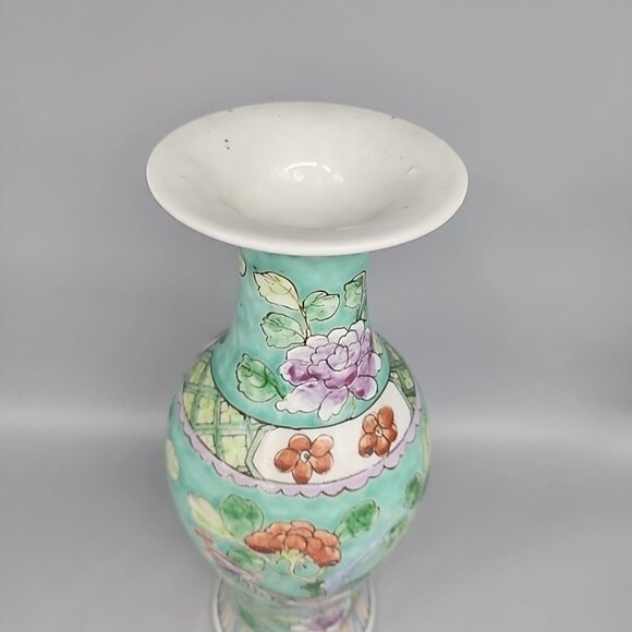 Antique Chinese Enameled & Polychromed Vase Floral Garden Scene with Birds - Picture 2 of 8